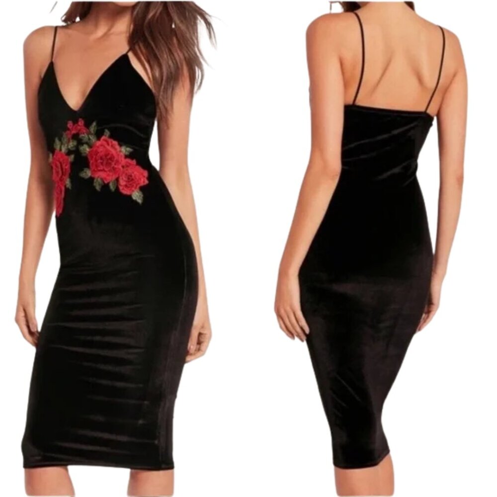 BooHoo Night Velvet w/ Rose Appliques Midi Dress